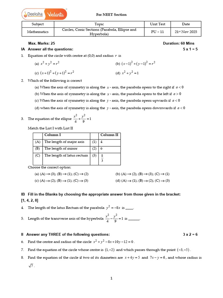 NEET Math Unit Test: Circles & Conics | PDF | Ellipse | Euclidean Geometry
