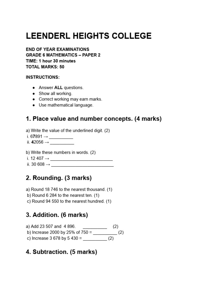 Grade 6 Mathematics Exam Paper | PDF | Odds | Multiplication