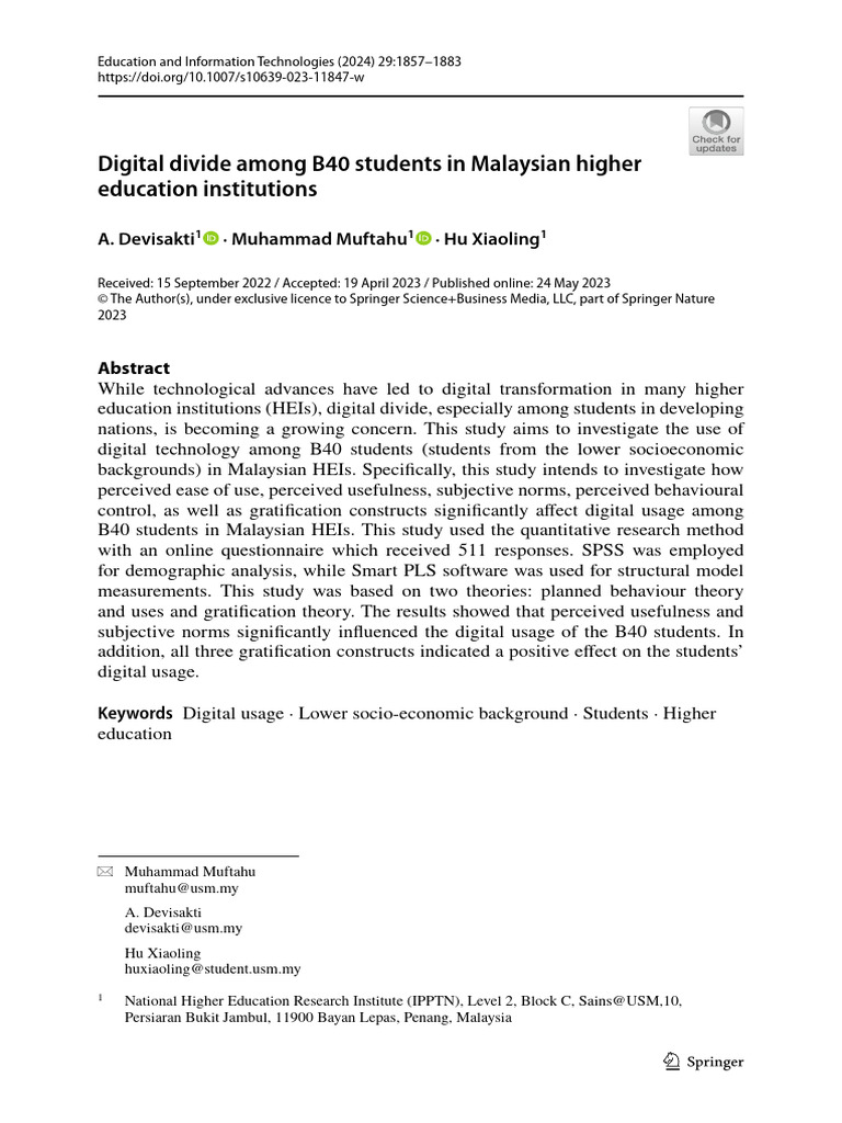 Digital Divide in Malaysian B40 Students | PDF | Survey Methodology ...