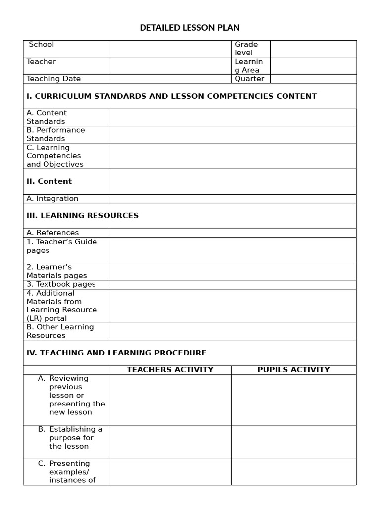 Format Detailed Lesson Plan DLL | PDF | Lesson Plan | Teachers