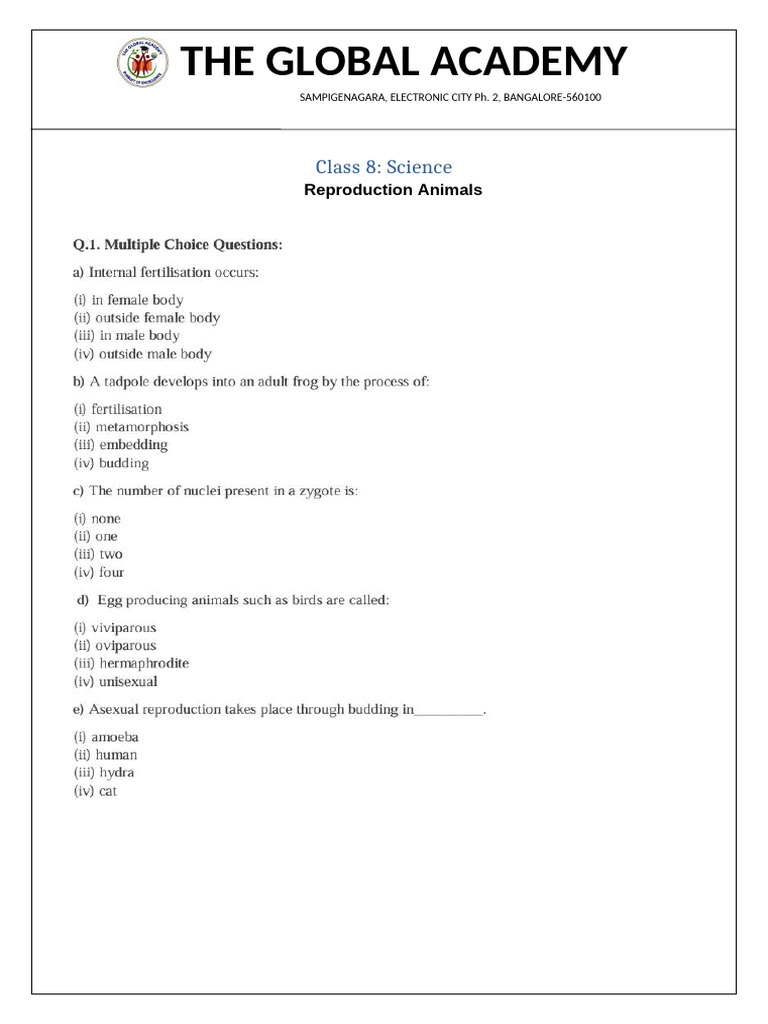 Class8 ScienceWorksheet ReproductionInAnimals | PDF
