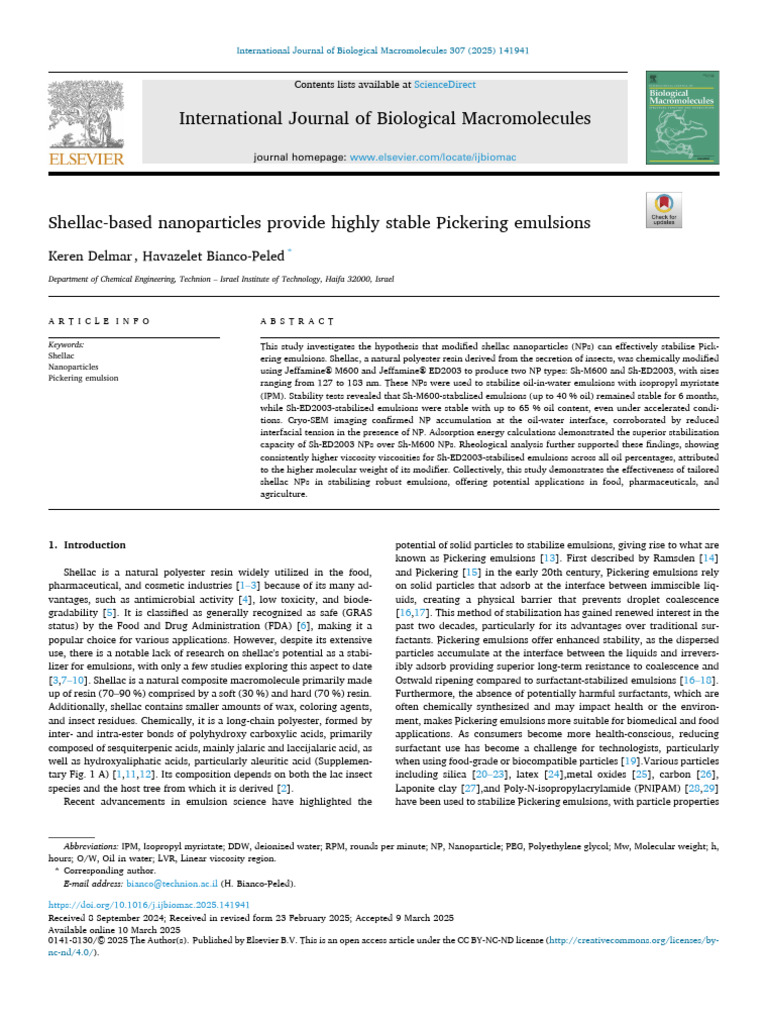Shellac-Based Nanoparticles Provide Highly Stable Pickering Emulsions ...