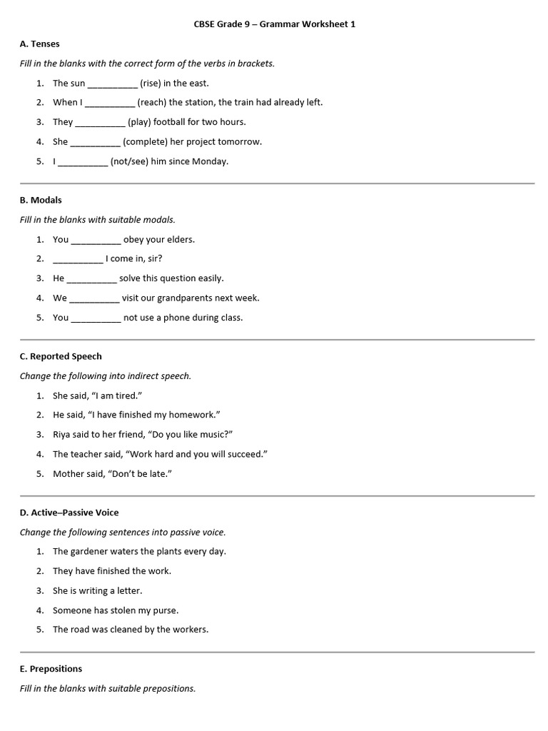 CBSE Grade 9 Grammar Worksheet | PDF