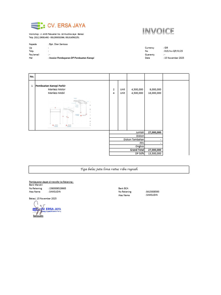 Invoice DP Kanopi Bekasi 2025 | PDF