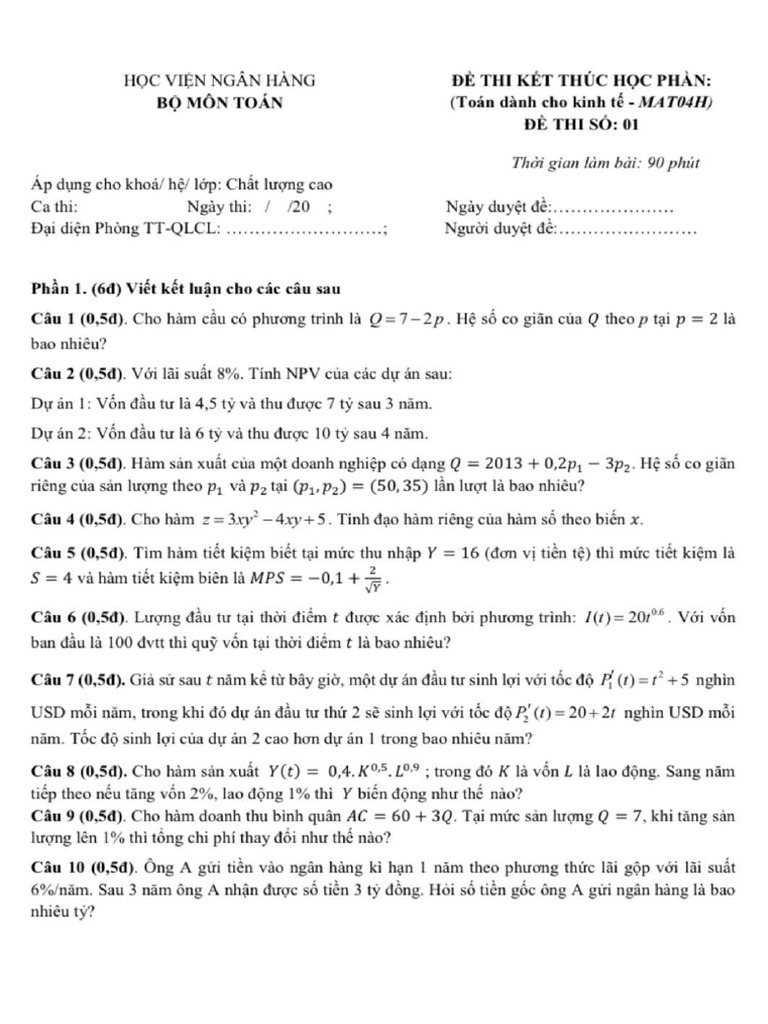 Cấu Trúc Đề Thi Toán KT1 2024 | PDF