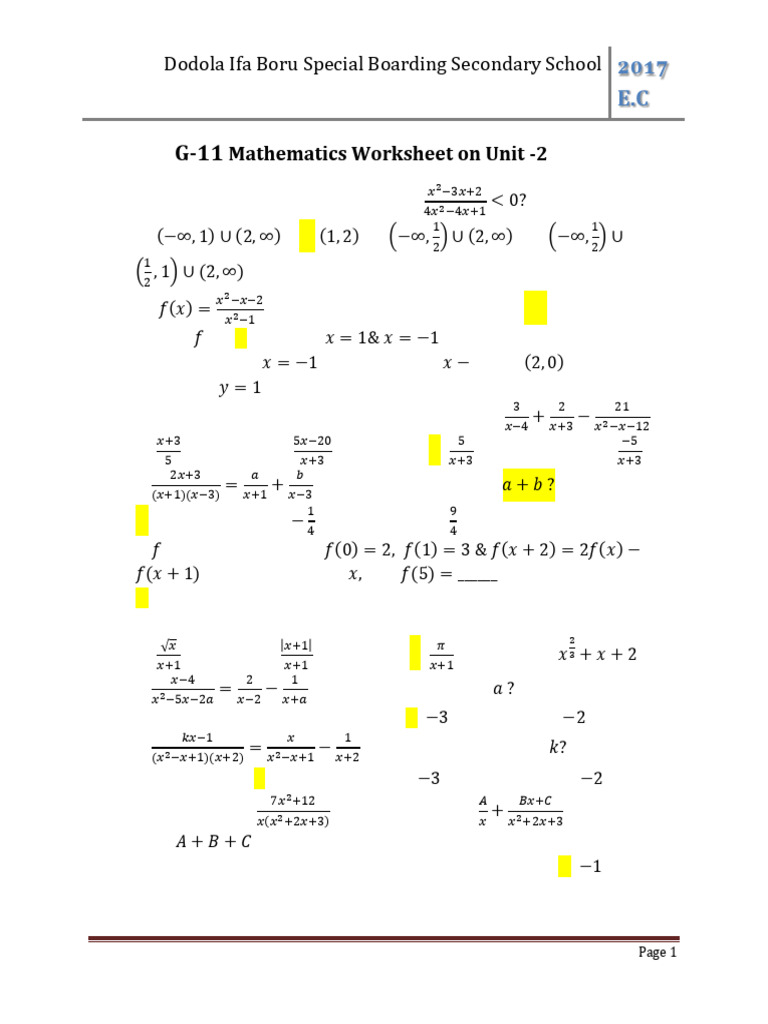 G-11 Mathematics Worksheet: Unit 2 | PDF | Asymptote | Function ...