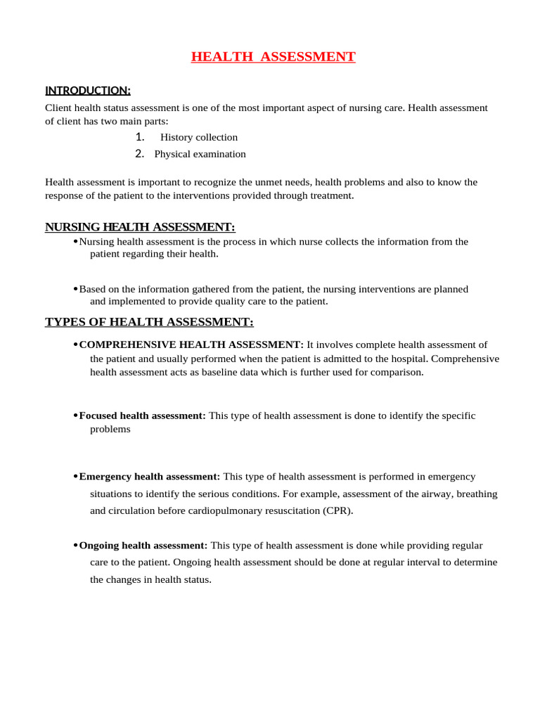 Nursing Health Assessment Overview | PDF