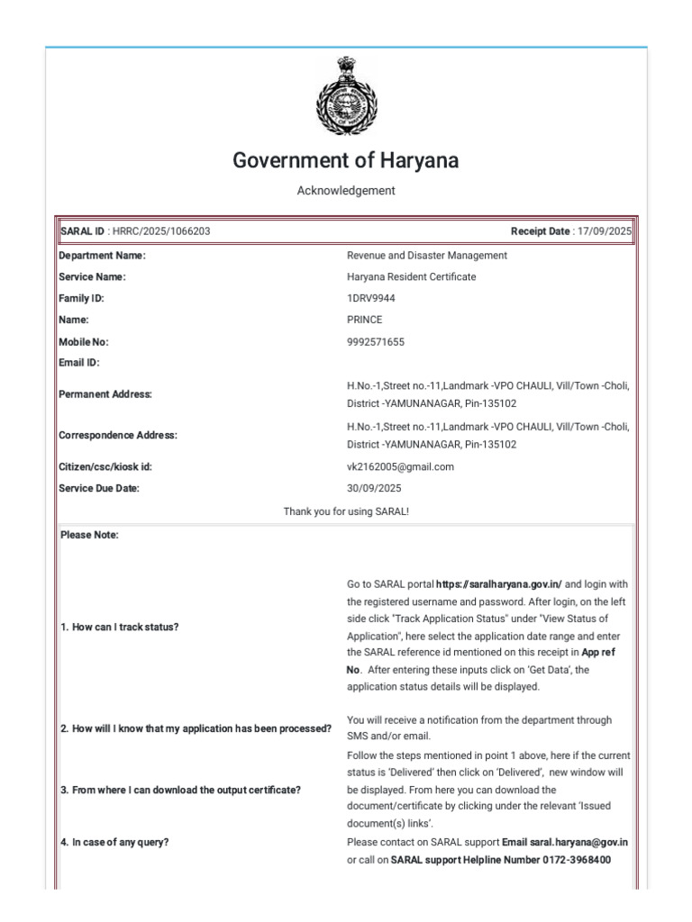 Haryana Resident Certificate Acknowledgment | PDF | Computing | Software