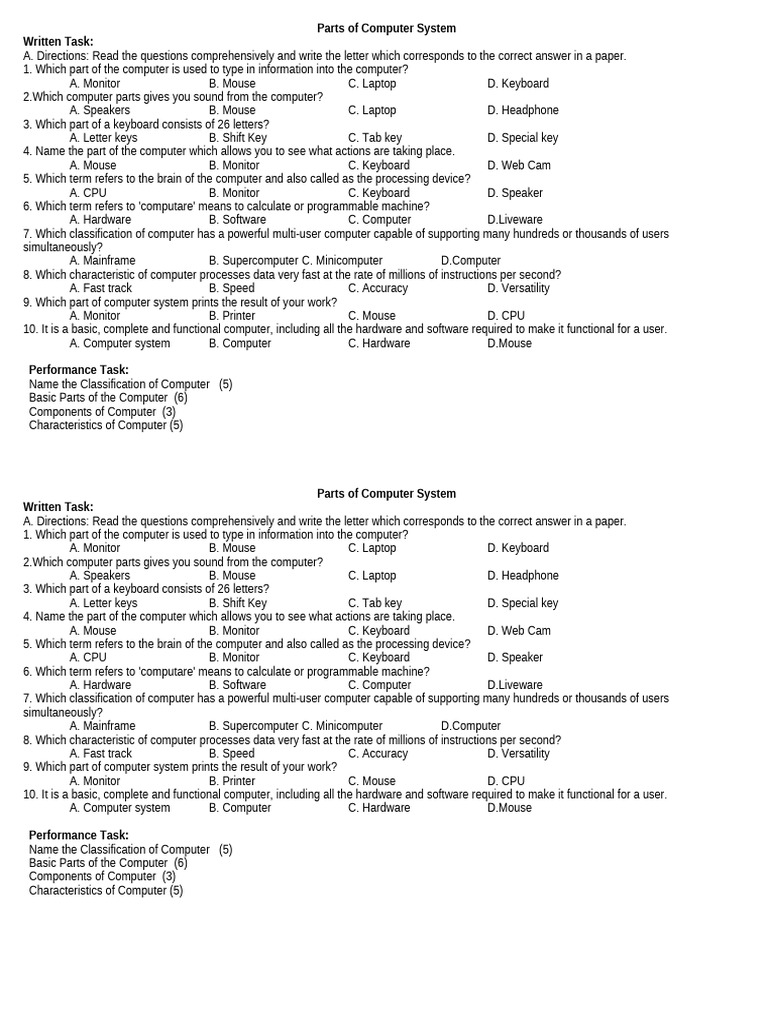 Activity Parts of A Comouter System | PDF | Computer Keyboard ...