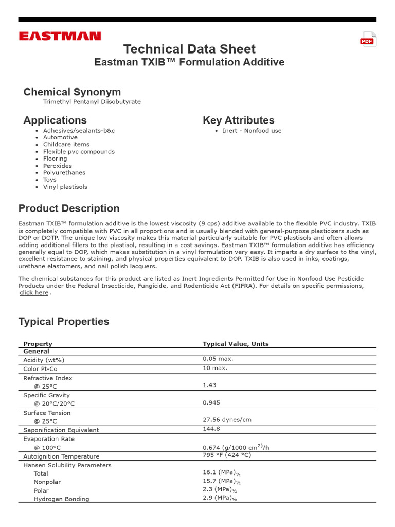 Eastman TDS - Txib-Formulation-Additive (71066420) | PDF | Polyvinyl ...