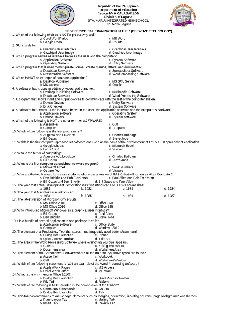 First Periodical Test Creative Technology | PDF | Spreadsheet ...