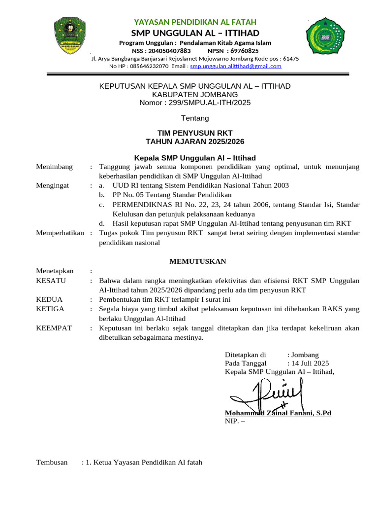 Tim Penyusun RKT SMP Al-Ittihad 2025/2026 | PDF