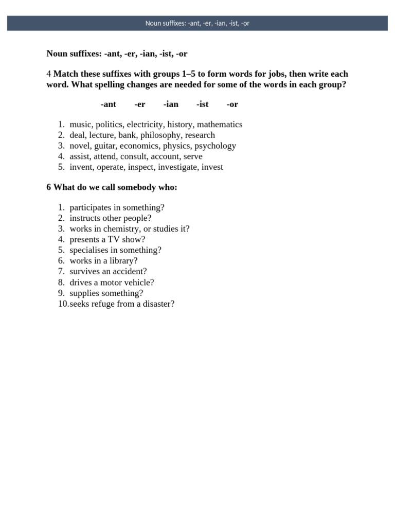 Job-Related Noun Suffixes Guide | PDF