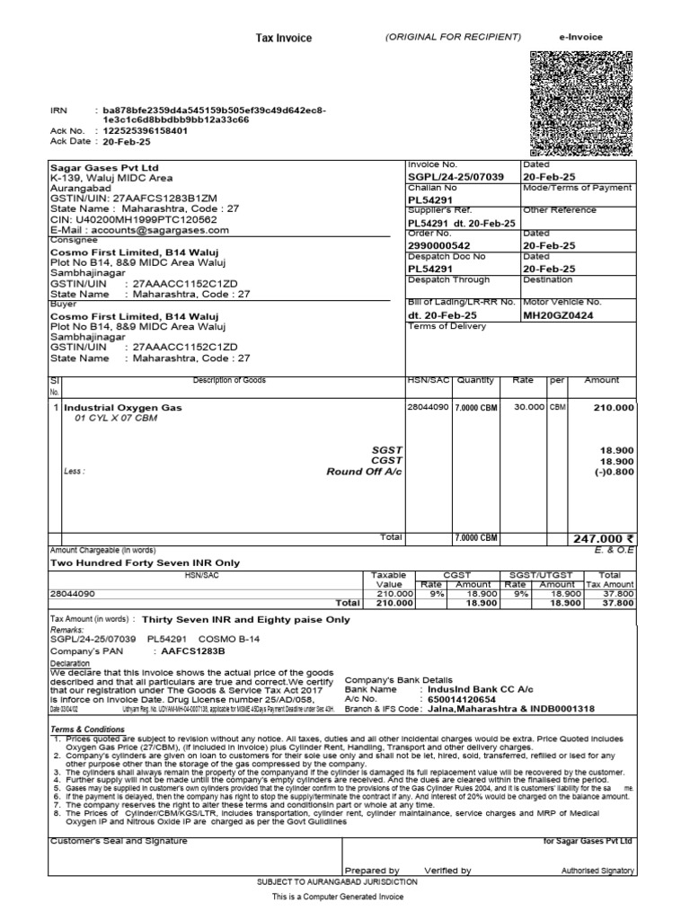 Tax Invoice for Industrial Oxygen Gas | PDF | Taxes | Prices