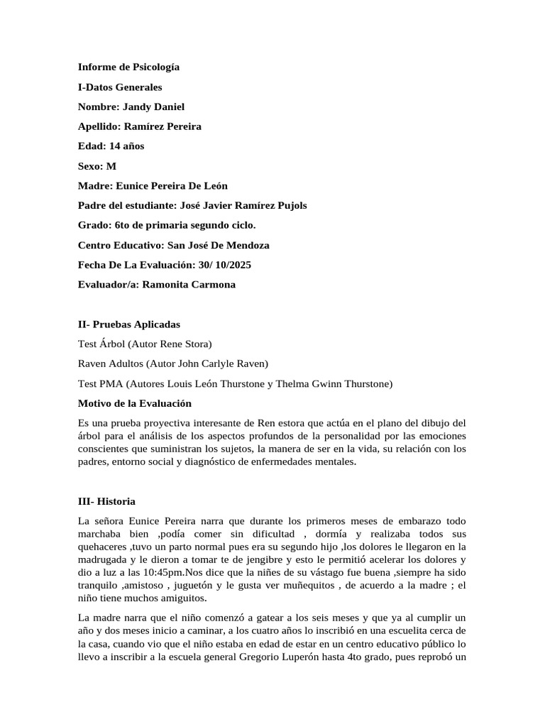 Informe de Evaluación Psicológica Infantil | PDF | Las emociones ...