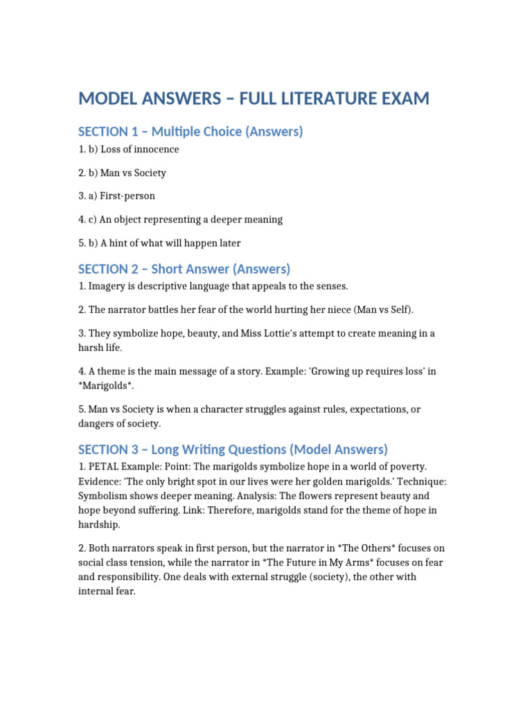 Literature Exam Model Answers Guide | PDF | Psychology