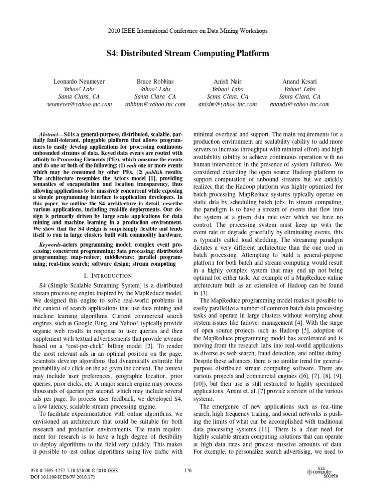 S4PaperV2 - Distributed Stream Computing Platform 2010 Ieee | PDF | Map ...