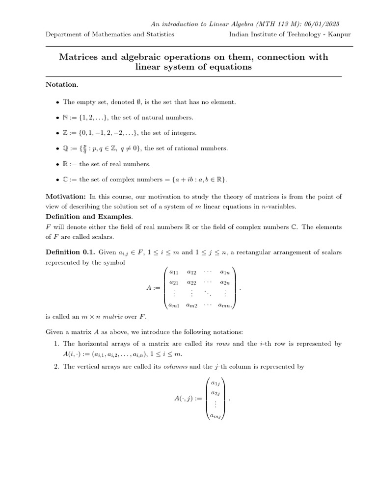 Matrices and Algebraic Operations On Them, Connection With Linear ...