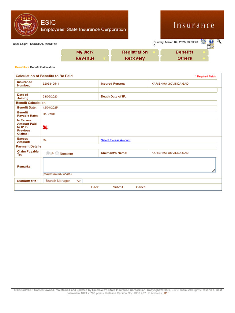 ESIC Benefit Calculation Details | PDF