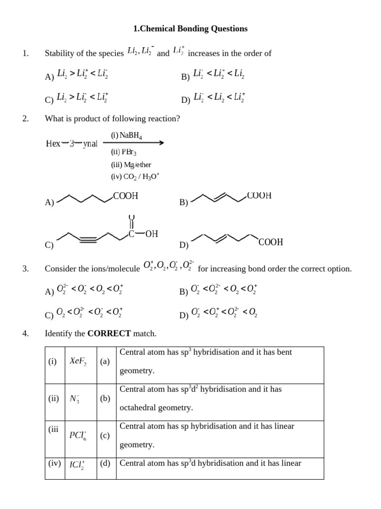 1.chemical Bonding Questions | PDF | Chemical Polarity | Chemical Bond