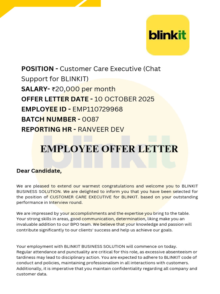 Customer Care Executive Offer Letter | PDF | Trade Secret | Arbitration