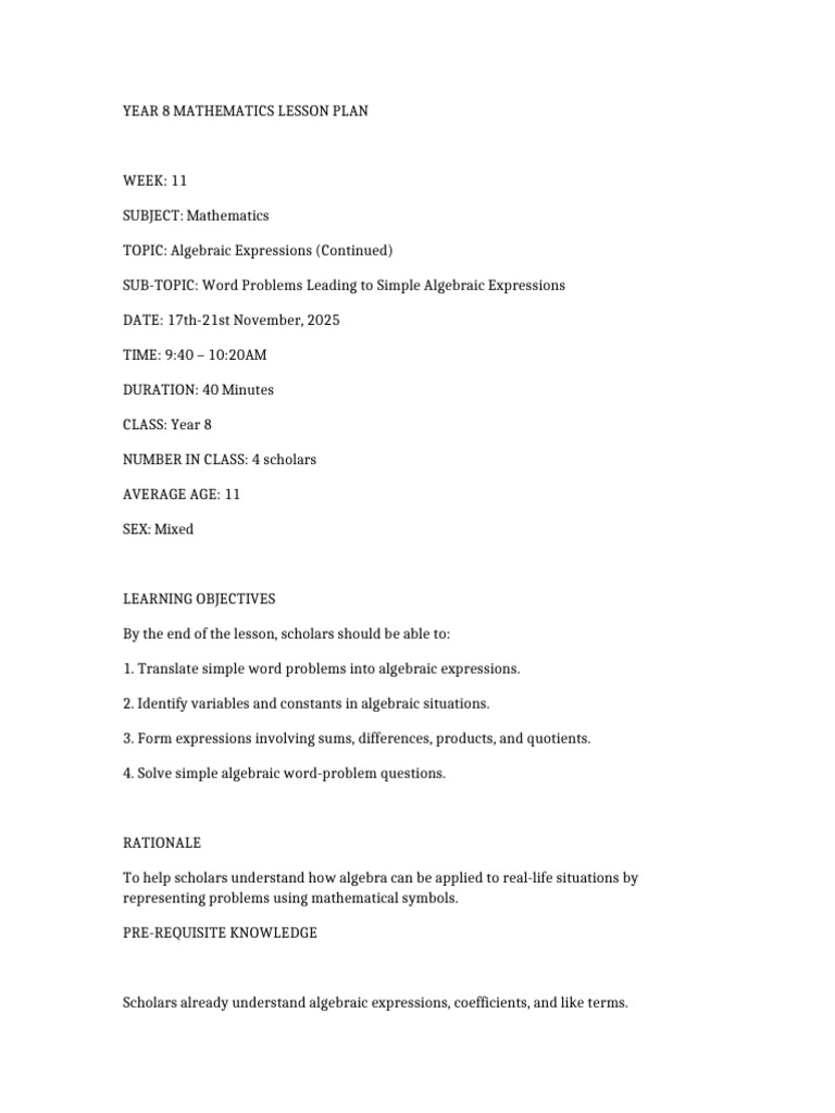 Year 8 Algebraic Expressions Lesson Plan | PDF | Algebra | Mathematics