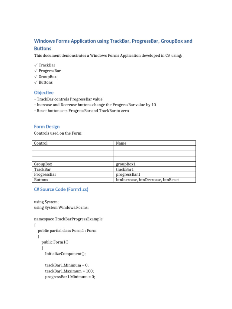 C# TrackBar and ProgressBar Example | PDF