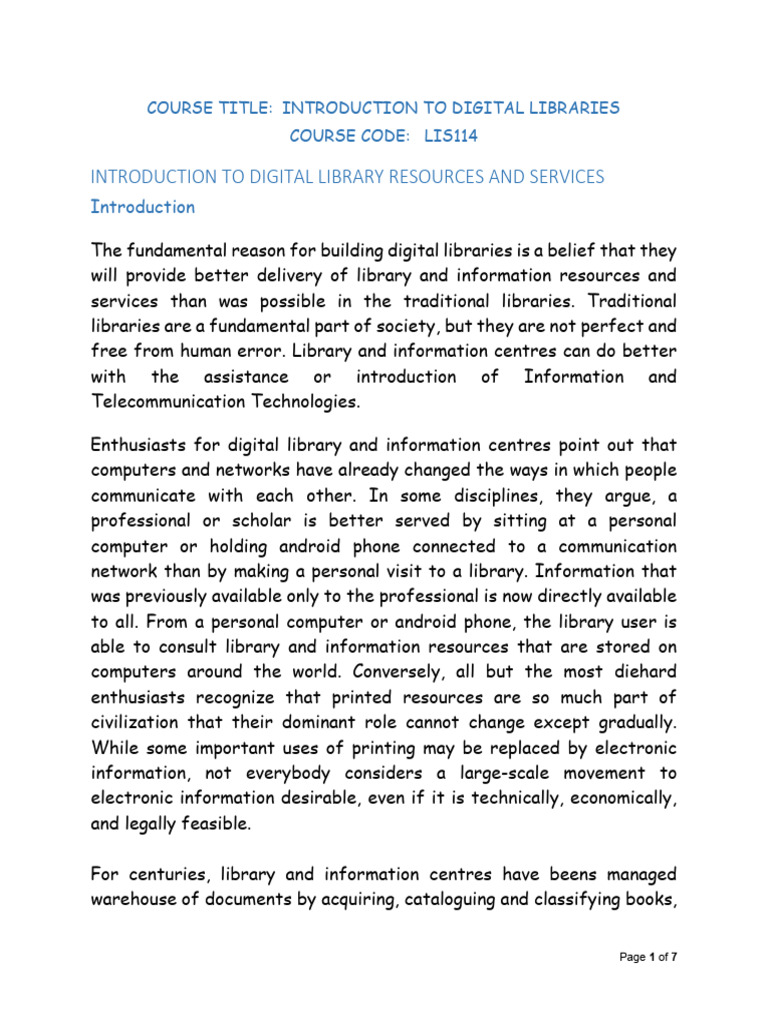 LIS114 Lecture Note 110053 | PDF | Digital Library | Libraries