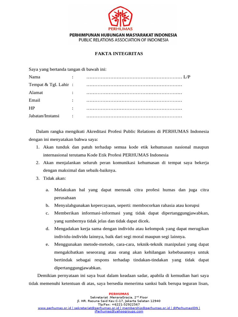 Pernyataan Integritas Humas PERHUMAS | PDF