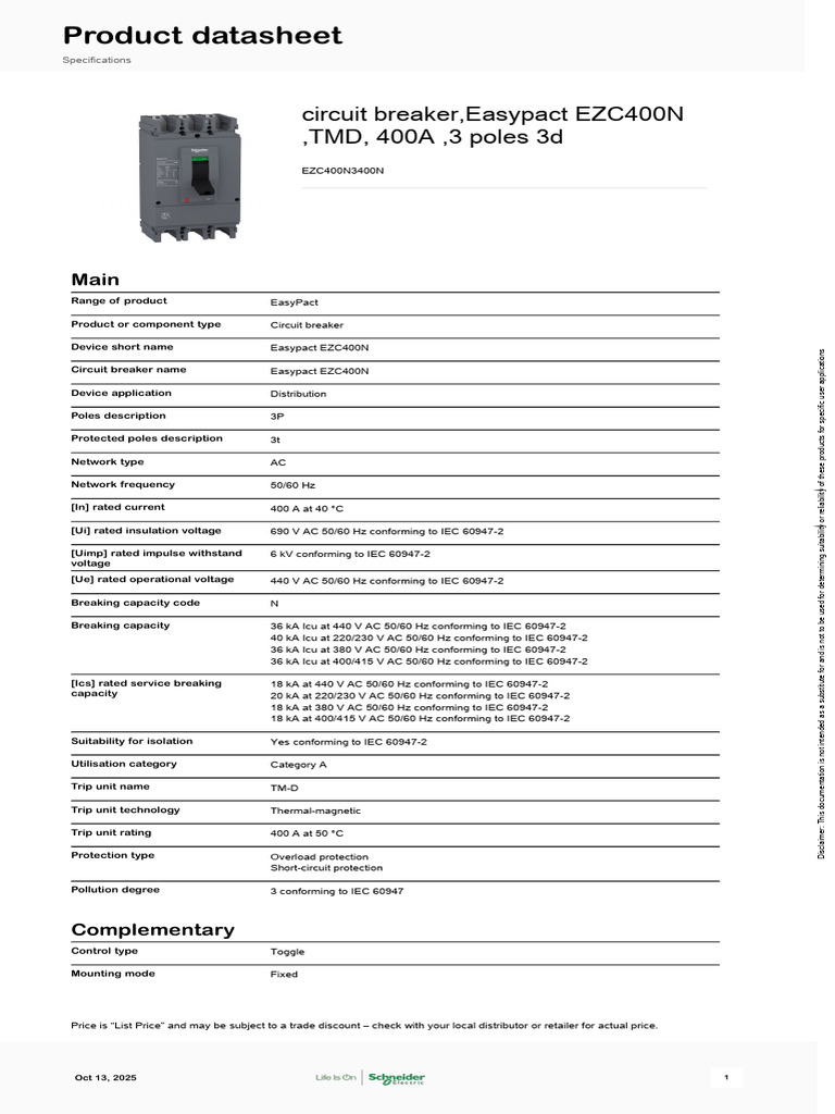 Easypact EZC400N Circuit Breaker Specs | PDF | Alternating Current ...