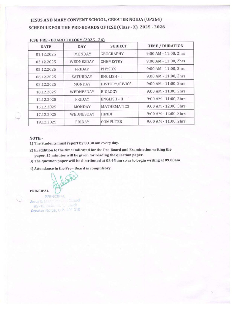 Class X Pre Board Datesheet 2025 26 | PDF