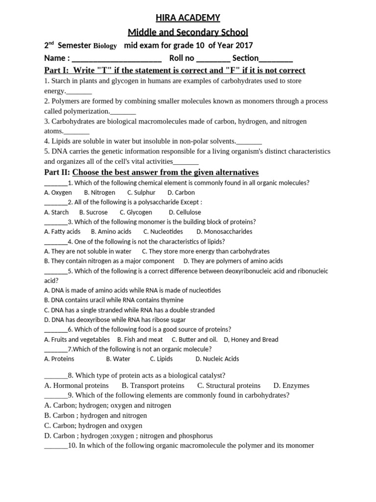 Bio G10 2nd Sem Mid (1) | PDF | Carbohydrates | Glucose