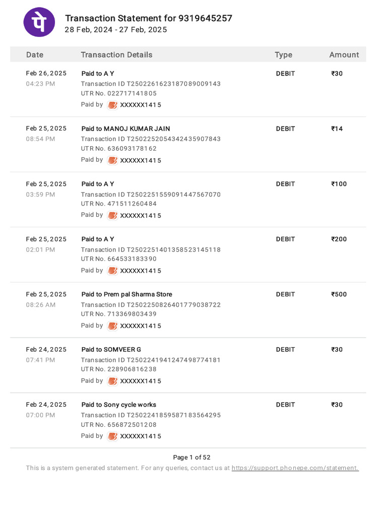 Transaction Statement for 9319645257 | PDF | Debits And Credits | Debit ...