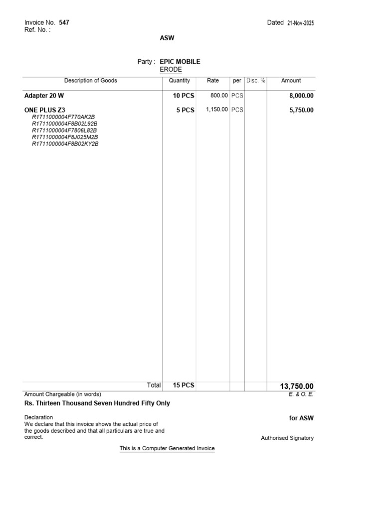 Invoice for EPIC MOBILE Purchase | PDF