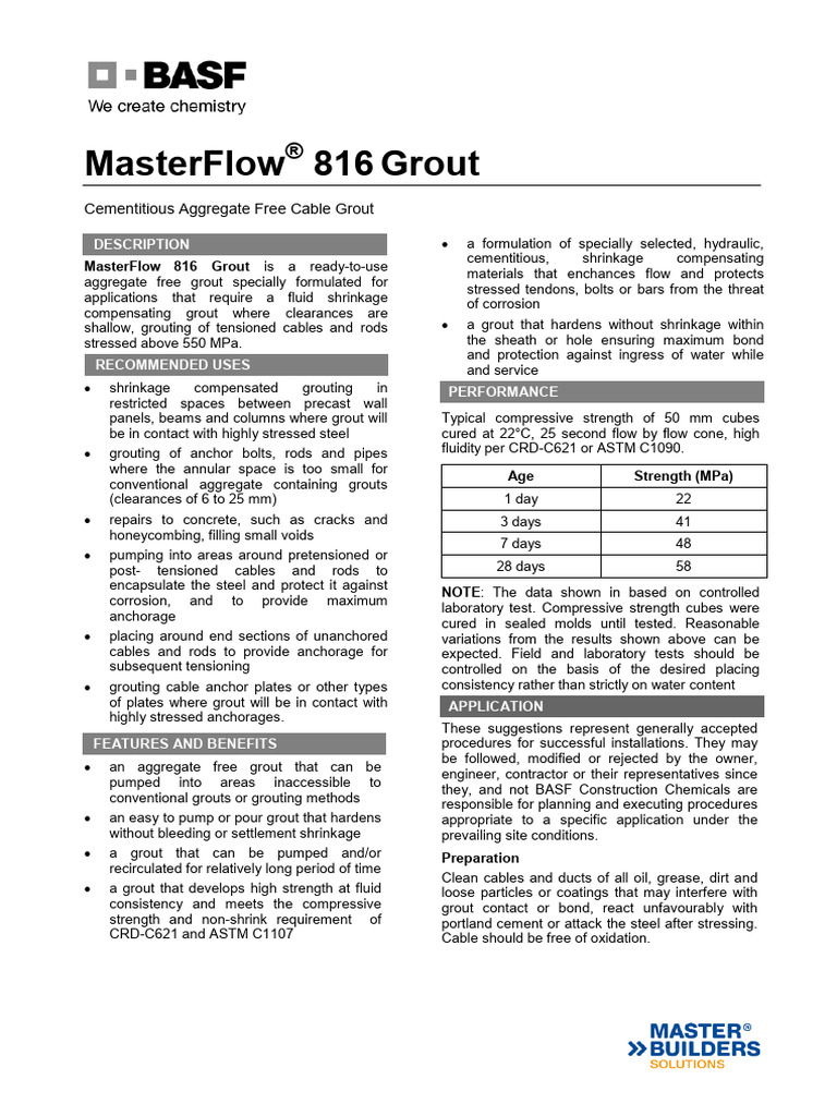 MasterFlow 816: Fluid Cable Grout | PDF | Concrete | Pump
