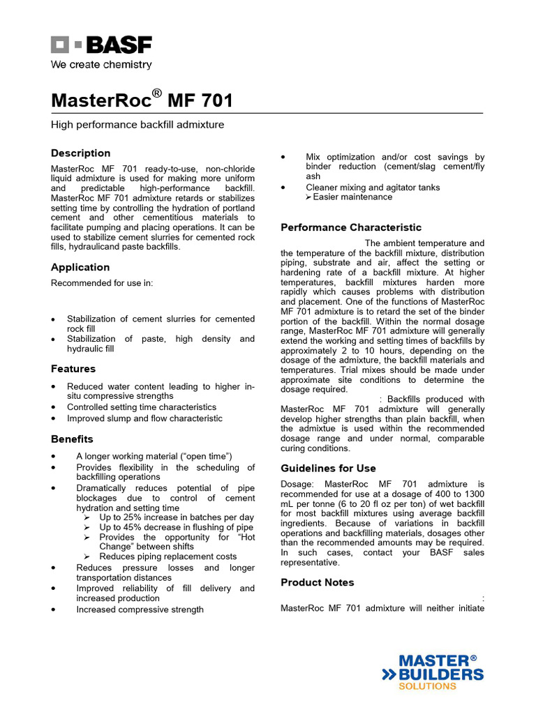 MasterRoc MF 701: High-Performance Backfill Admixture | PDF | Concrete ...