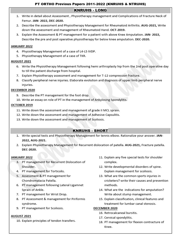 PT Ortho Previous Papers 2011-2022 | PDF | Knee | Physical Therapy