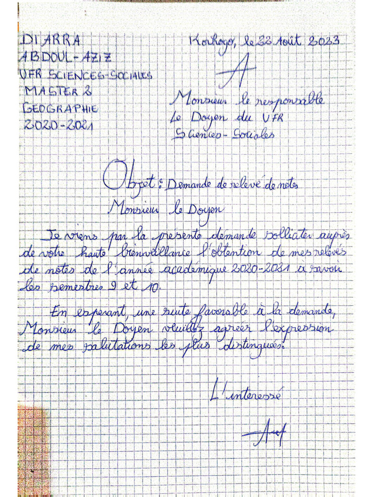 Exemplaire de Demande de Relevé de Notes | PDF