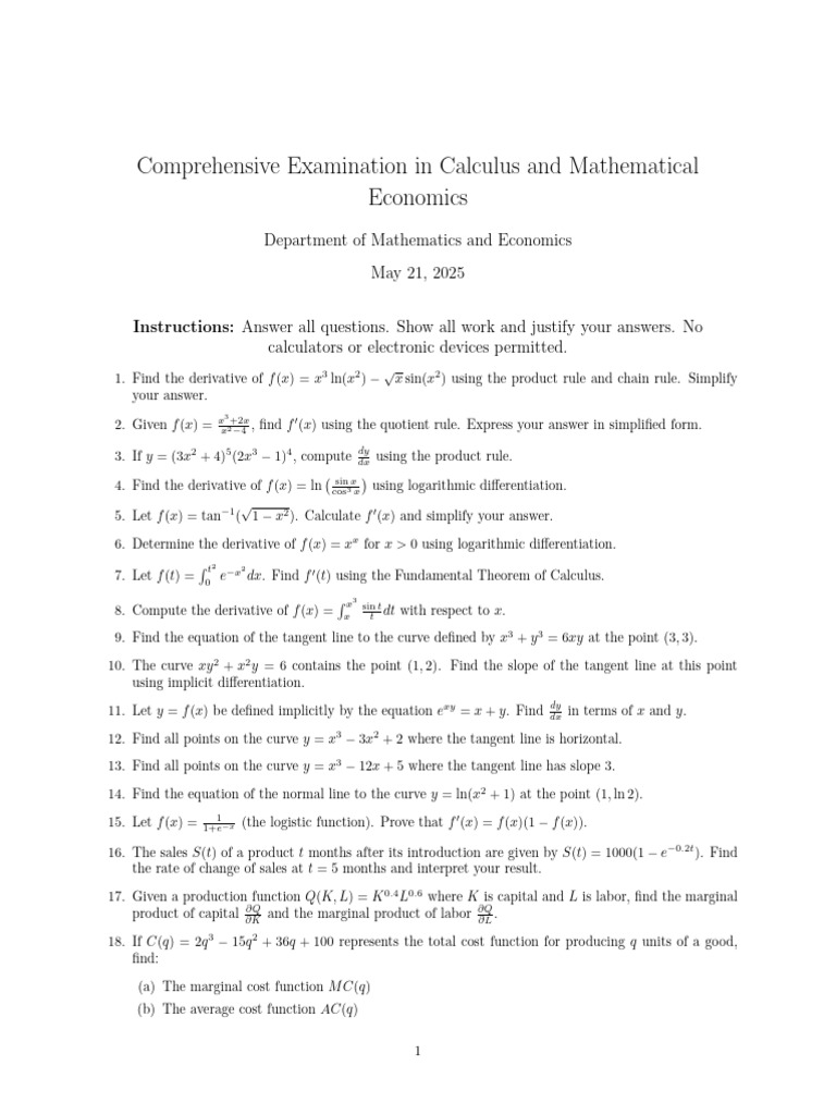 Calculus and Economics Exam Questions | PDF | Derivative | Calculus