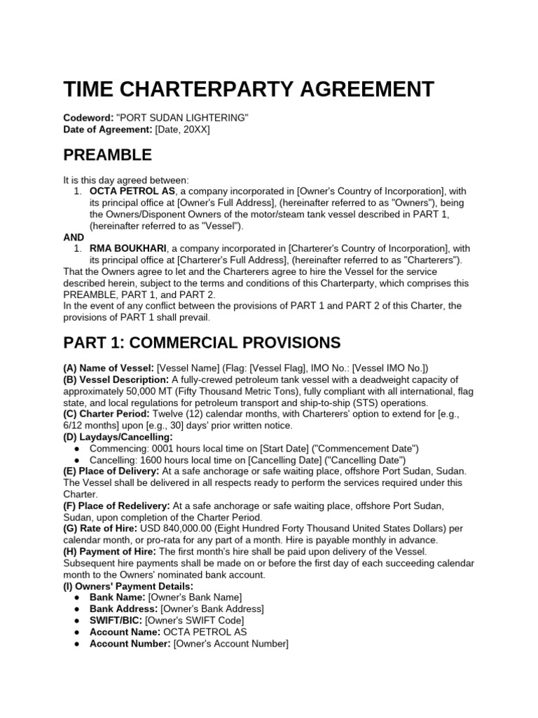 Time Charterparty Agreement for Vessel | PDF