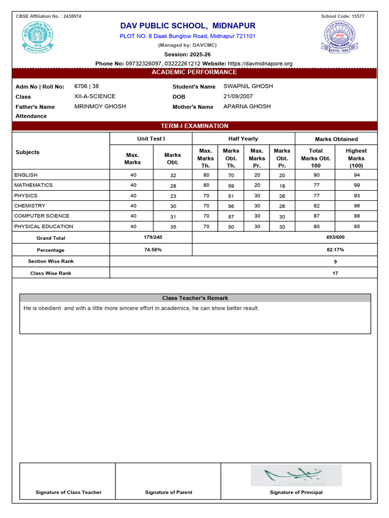 DAV Public School Midnapur Academic Report | PDF | Science