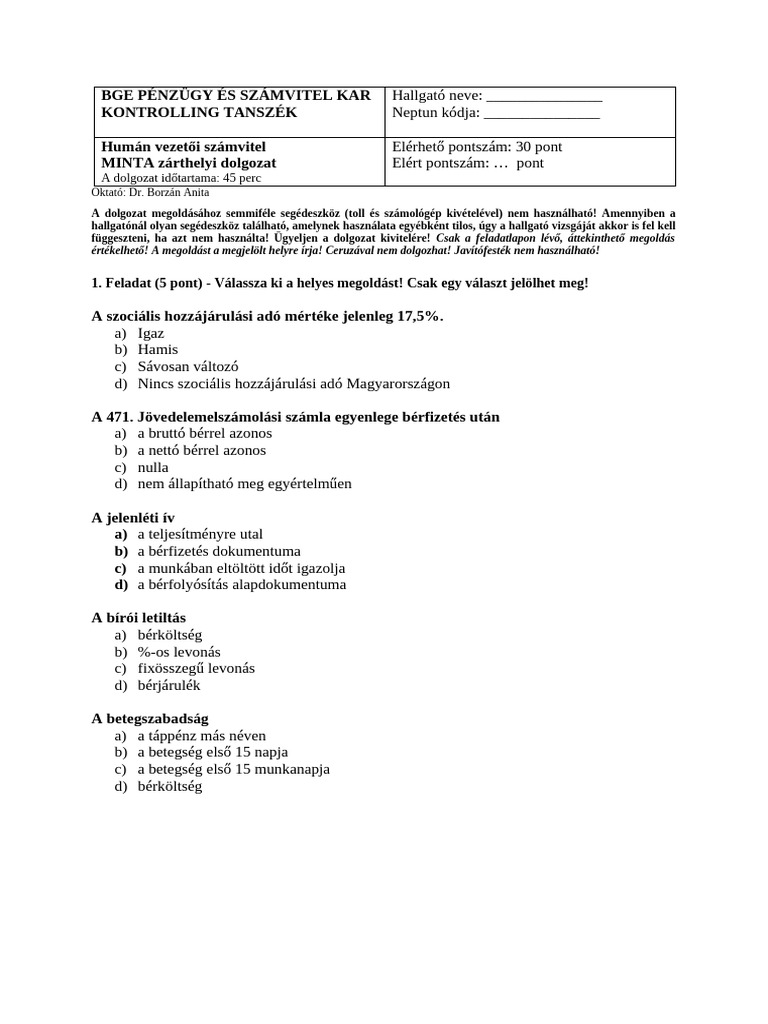 Humán Vezetői Számvitel Minta ZH | PDF