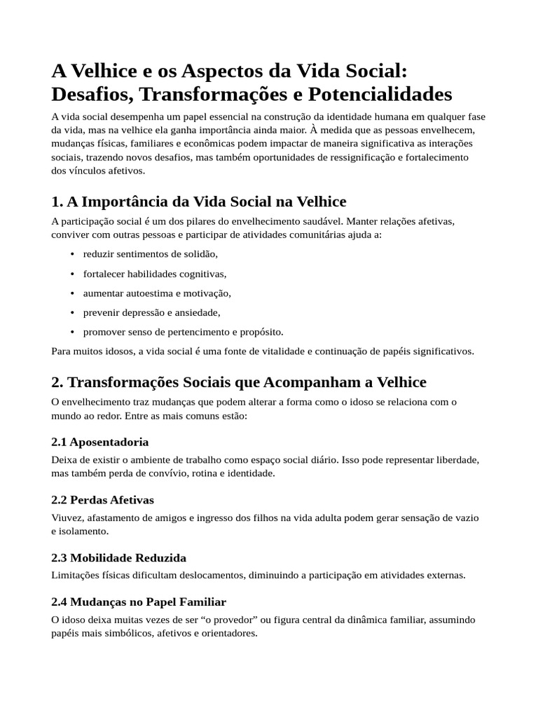 Vida Social na Velhice: Desafios e Oportunidades | PDF | Envelhecimento ...