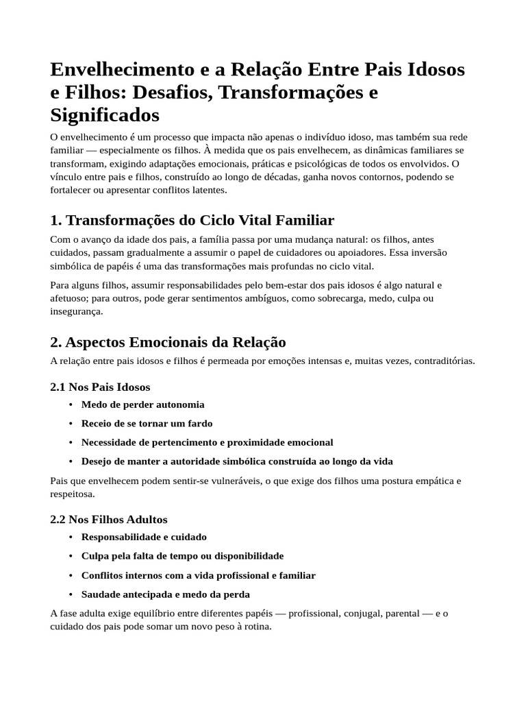 Relação Pais Idosos e Filhos: Desafios e Emoções | PDF | Envelhecimento ...