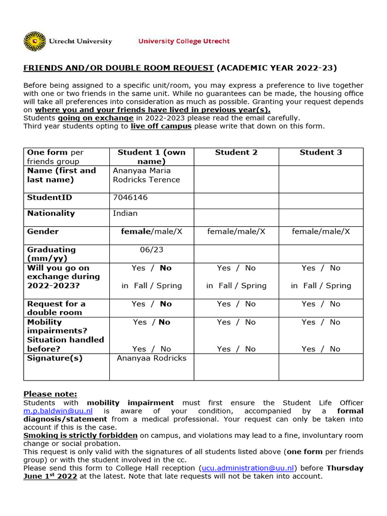 Friends and Double Room Request FORM | PDF