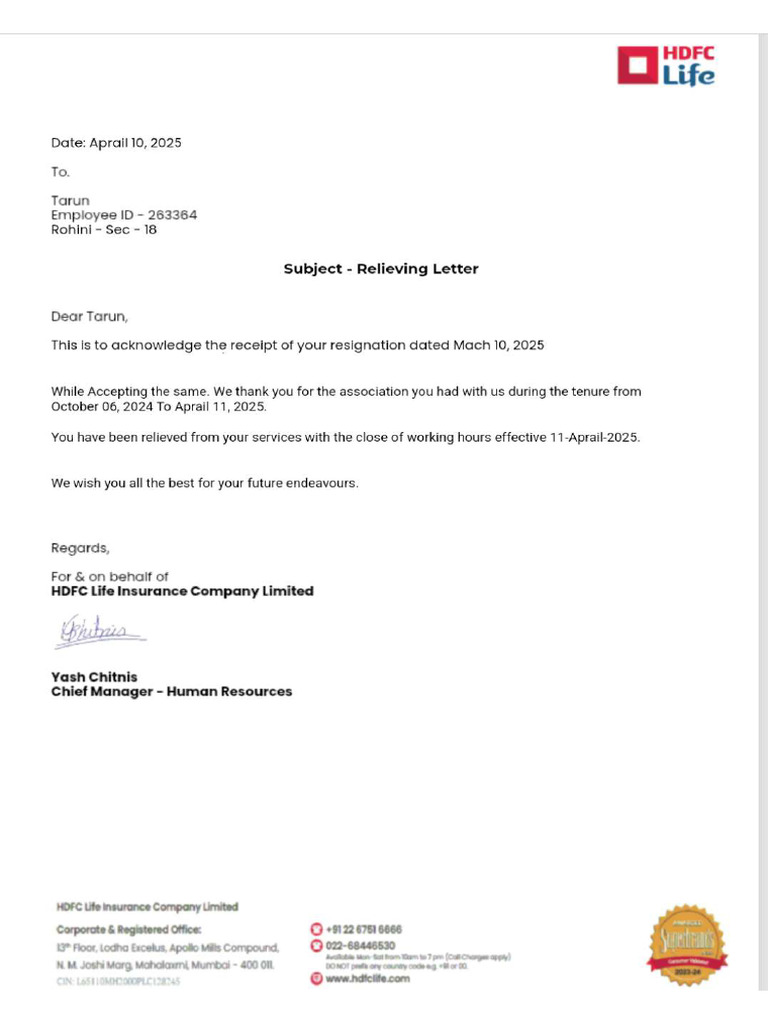 Relieving Letter | PDF