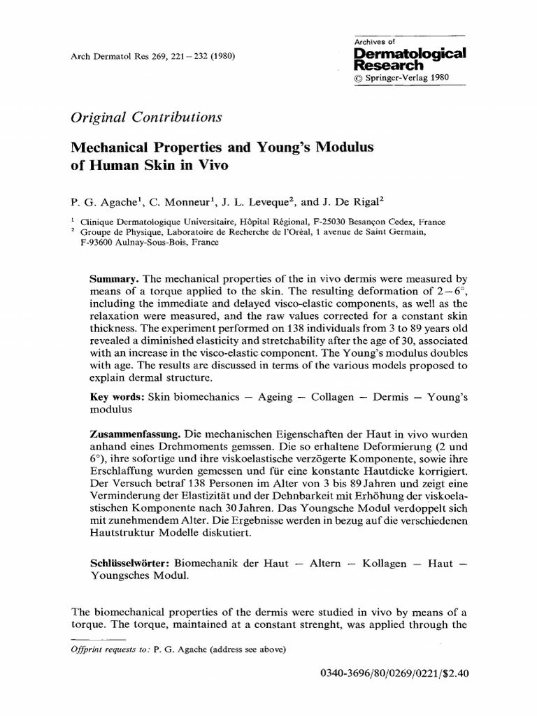 Mechanical Properties and Young's Modulus of Human Skin in Vivo | PDF ...