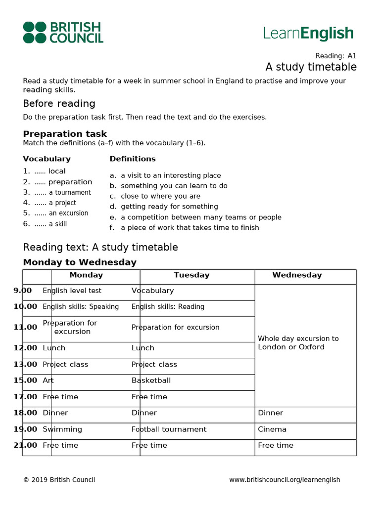 Weekly Study Timetable for A1 English | PDF