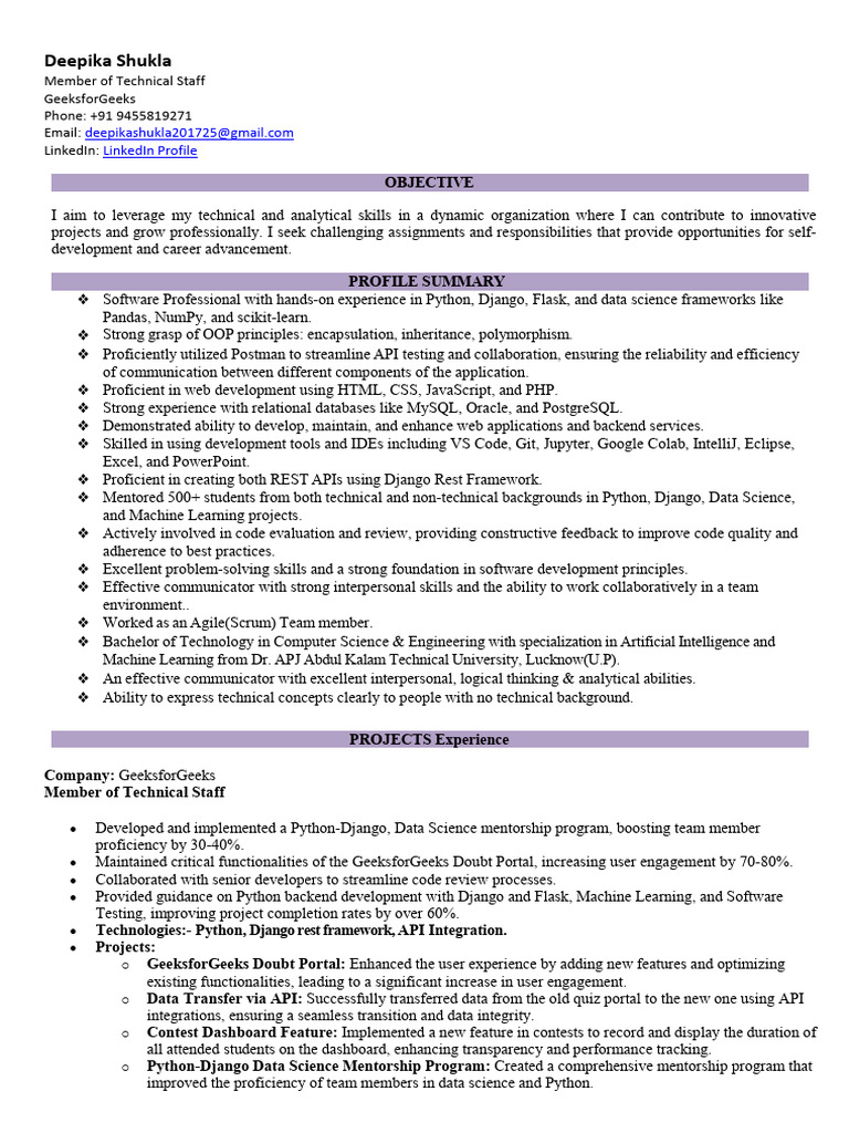 Deepika Python Resume | PDF | Python (Programming Language) | Web ...