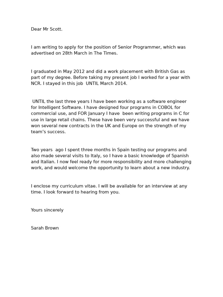 Senior Programmer Job Application Letter | PDF